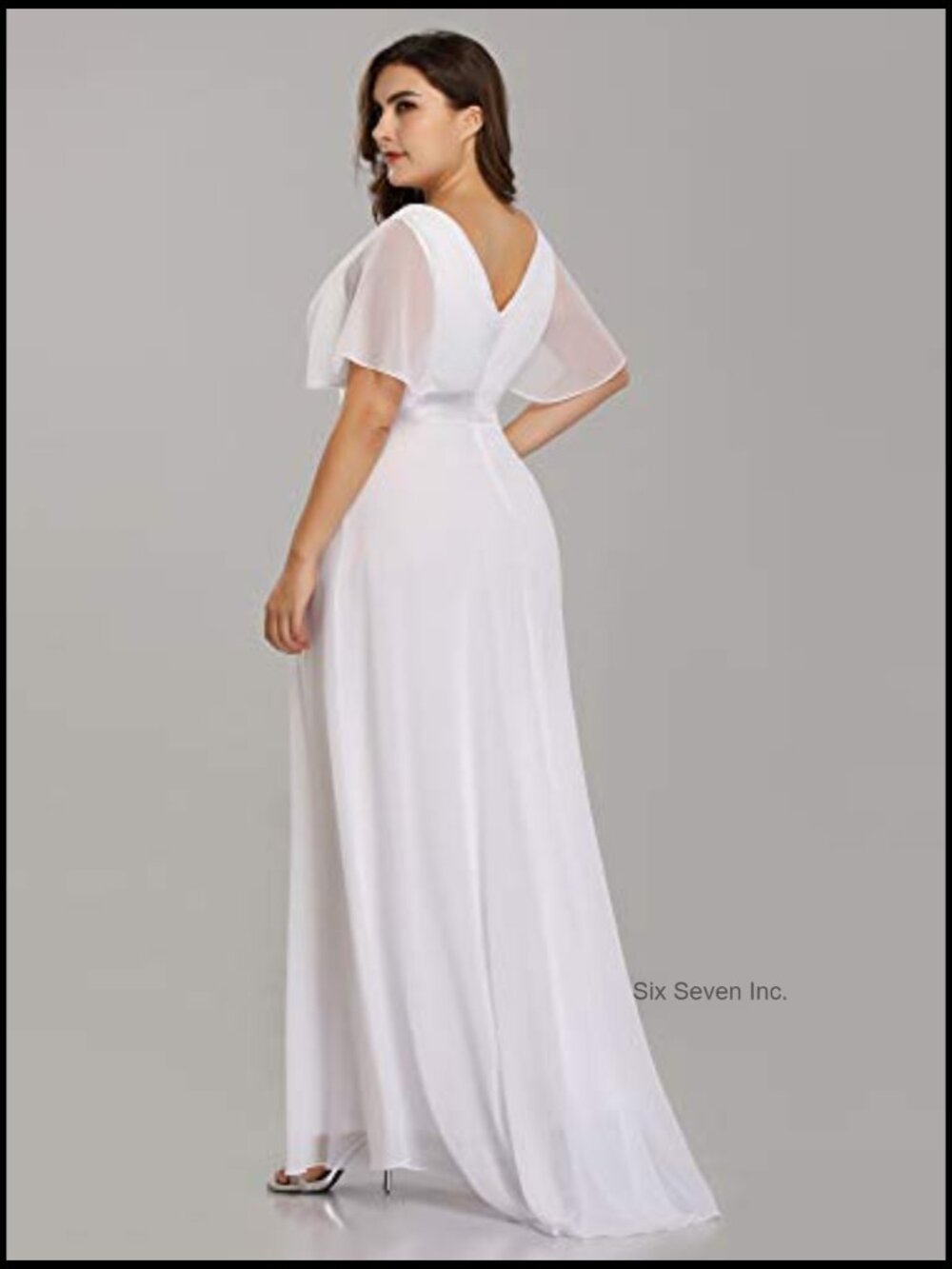 Women's Plus Size Chiffon V-Neck Floor Length Formal Dress with Ruffle Short - Picture 2 of 7